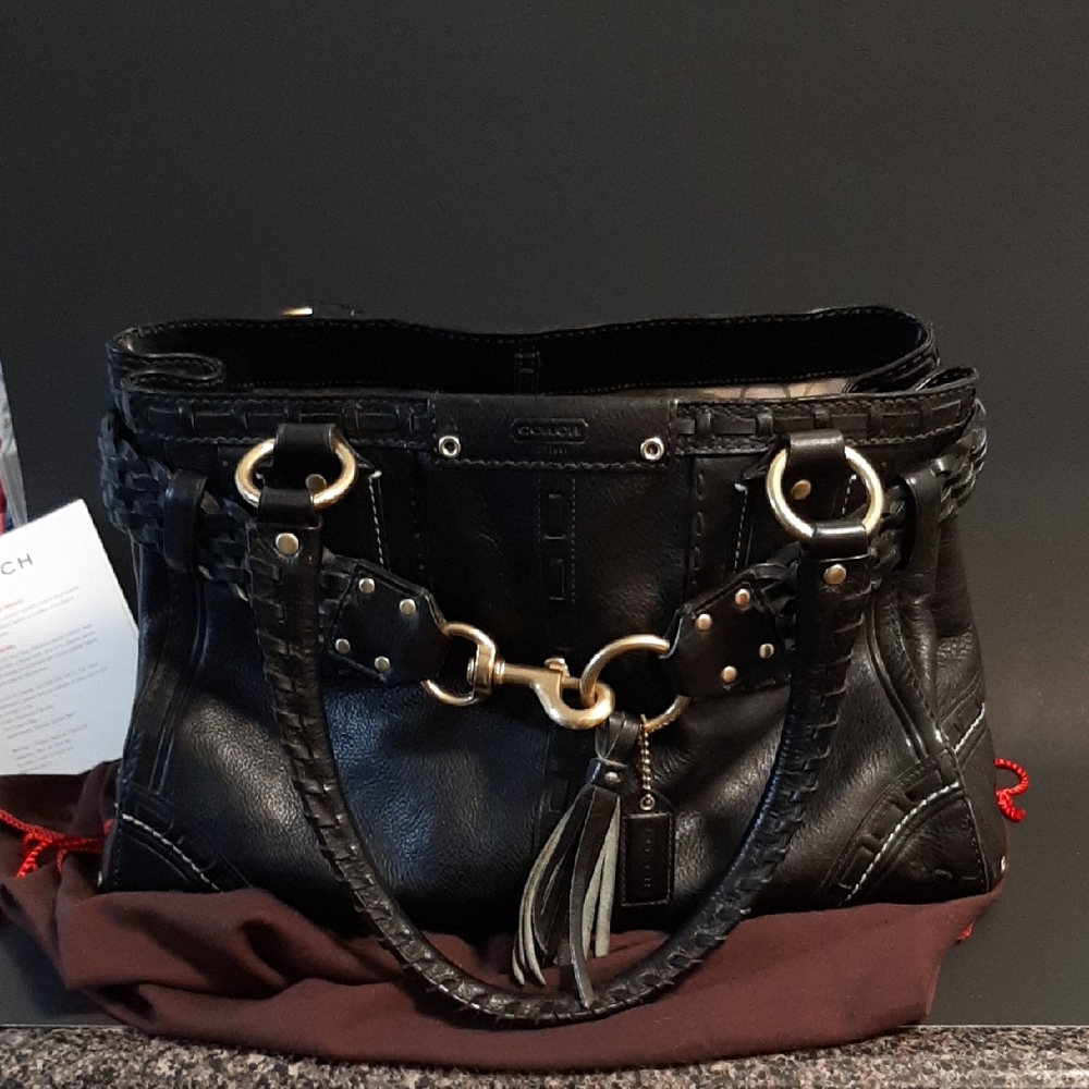 Coach Hamptons Black Leather Shoulder Bag w/ Gold Accents
